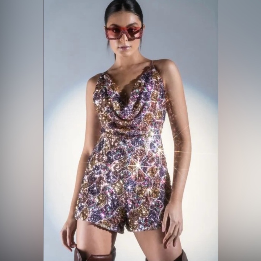 Sequin romper, cowl neck